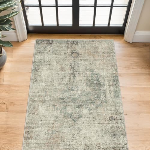 Moss Green Farmhouse 3x5 Large Entryway Rugs Indoor - Non Slip Washable Area Rug for Kitchen, Laundry Room, Low Pile Soft Carpet for Bedroom, Stain Resistant Vintage Indoor Decor, Distressed Design