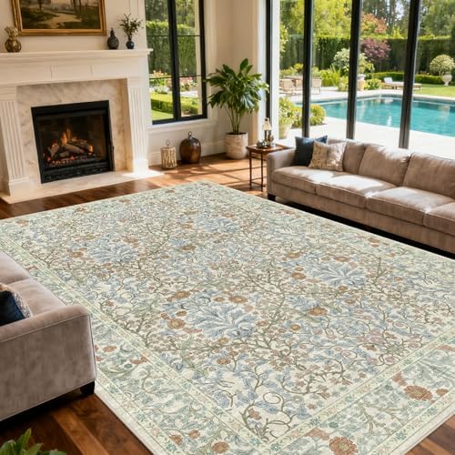 Area Rug for Living Room 10x12 Washable Soft Carpet (Beige Blue)