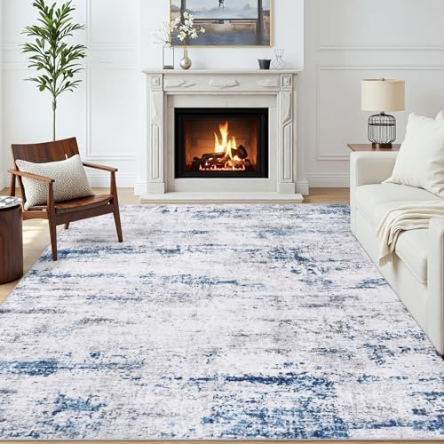6x9 Area Rugs for Living Room Large Washable Abstract Rug White Gray Blue