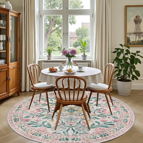 PLHXFR Round Area Rug Living Room: 4 ft Floral Washable Carpet Pink Green