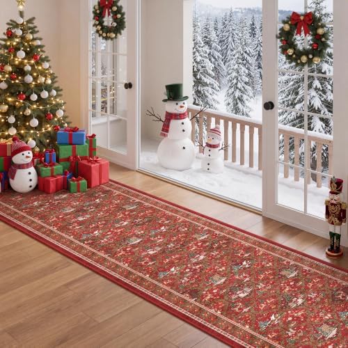 2x10 Christmas Runner Rug for Hallway,Washable Kitchen Rugs,Red
