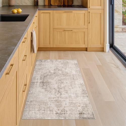 Light Brown 2x4 Runner Rug for Entryway Indoor, Kitchen Floor Waterproof, Bathroom, Powder Room, Washable Non Slip Low Pile Stain & Fade Resistant, Modern Eclectic Tan Décor, Distressed Design