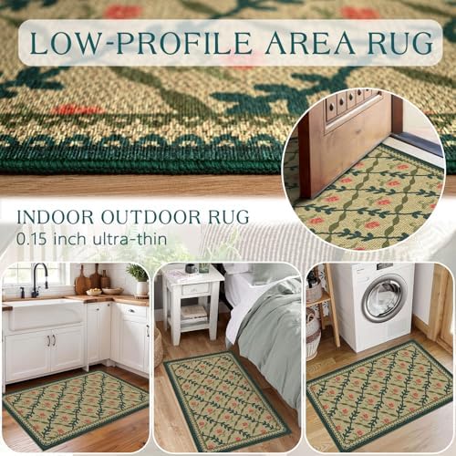 Front Door Mat Outside Entrance, 2x3 Green Brown Floral Trellis Rug