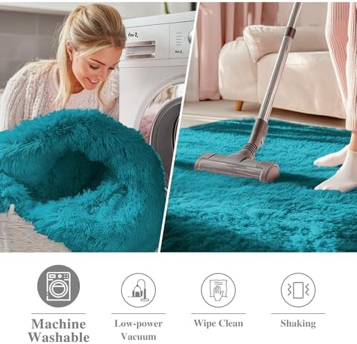 OLANLY Teal Round Rugs for Bedroom - Machine Washable, 2 ft Circle Area Rugs for Living Room, Soft and Fluffy Shaggy Carpet for Teen Girl and Boys, Nursery Rooms, Dorms, Home Decor Aesthetic