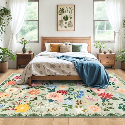 PLHXFR Area Rug 10x12 Living Room: Floral Washable Boho Soft Carpet Green
