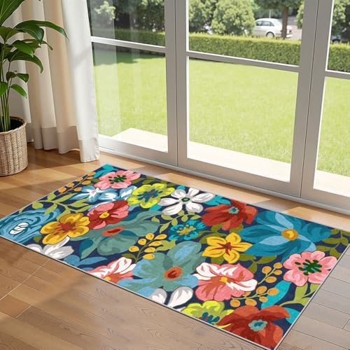 Front Door Mat Indoor Entrance - 2x4.3 Colorful Floral Runner Rug