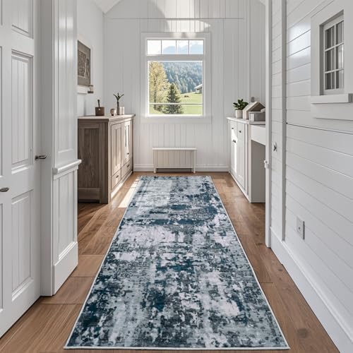 Aelenmu Runner Rugs for Hallways Kitchen 2.6x8 Non Slip Washable Navy Grey
