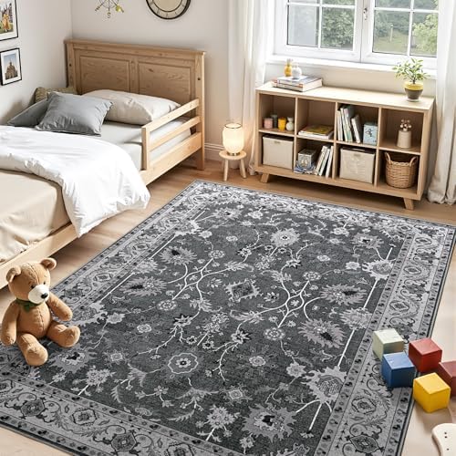 Hanples 5x7 Area Rugs for Living Room, Washable Rug Vintage Floral, Black
