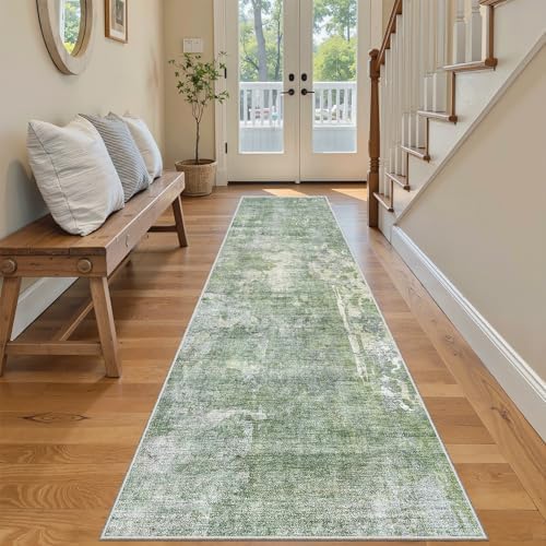 Soalmost Runner Rug 2'6"x8' Kitchen Hallway Runners Abstract Green/Ivory