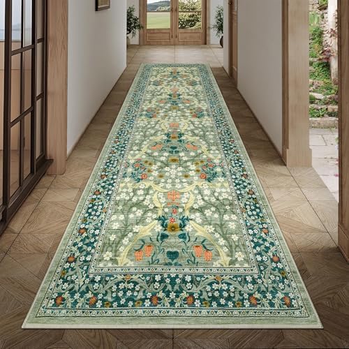 GarveeHome Floral Hallway Runner Rug, 2.5x8 Kitchen Runner Rugs, Washable Non Slip Entryway Rugs Indoor, Ultra-Thin Stain Resistant Carpet Floor Mat for Laundry Room, Sage Green