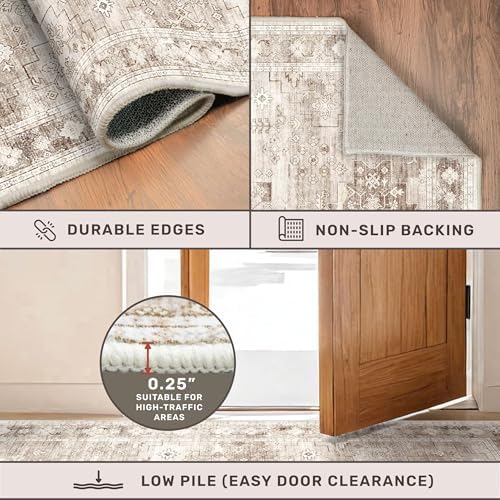 Washable Farmhouse Living Room Rug, 10x14 Area Rugs for Bedroom, Dining Room Under Table Carpet, Kids Room, Extra Large Boho Vintage Non-Slip Rugs Low Pile Stain Resistant (10x14 Beige/Latte)