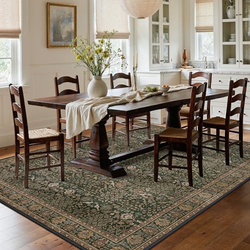 Bavni 9x12 Washable Area Rug for Living Room, Dark Green Brown