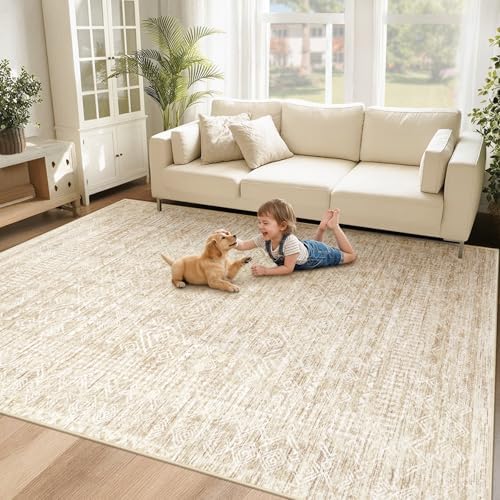 6x9 Area Rugs for Living Room: Washable Moroccan Geometric Boho Rug Farmhouse Non Slip Stain Resistant Large Rug Low Pile Soft Carpet for Bedroom Dining Room Home Office Children Room (Beige,6'x9')