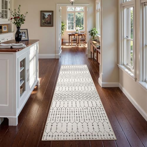 Lahome Moroccan Washable 2x6 Runner Rug, Non-Slip Beige Kitchen Hallway Runner Rug, Ultra Soft Geometric Print Distressed Floor Carpet for Hallways Entryway Bedroom Laundry Hana
