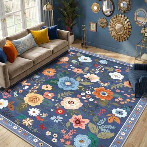 RELEANY Floral Washable 7x9 Area Rugs Blue/Grey