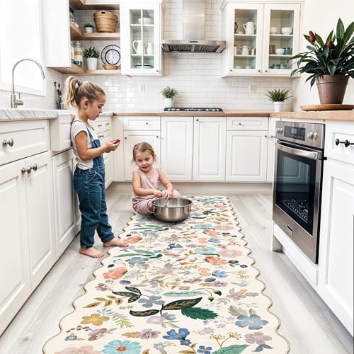 Washable 2x8 Hallway Runner Rug: Vintage Water-Resistant Floral Scalloped Kitchen Entryway Rug Ultra Soft Living Room Bedroom Carpet Non-Slip Indoor Floor Mat for Bathroom Dining Room(2x8,Cream)