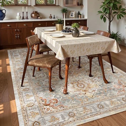 Washable Area Rug 9' x 12' Vintage Traditional Persian Mat - Foldable Distressed Non-Slip Machine Washable Carpet for Living Room Bedroom Kitchen Home Decor - Dove Gray and Coral
