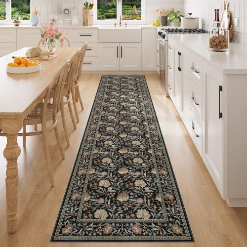 DUKINO 2x10 Runner Rug for Hallway, Washable Vintage Floral Rug, Black