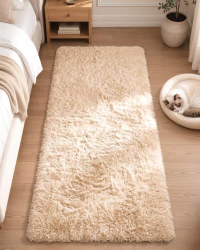 OLANLY 2x5 Machine Washable Runner Rugs for Hallway, Soft Fluffy Shaggy Bedside Rugs for Bedroom, Living Room, Indoor Floor Carpet for Kids Girls and Boys, Nursery Rooms, Home Decor Aesthetic, Beige