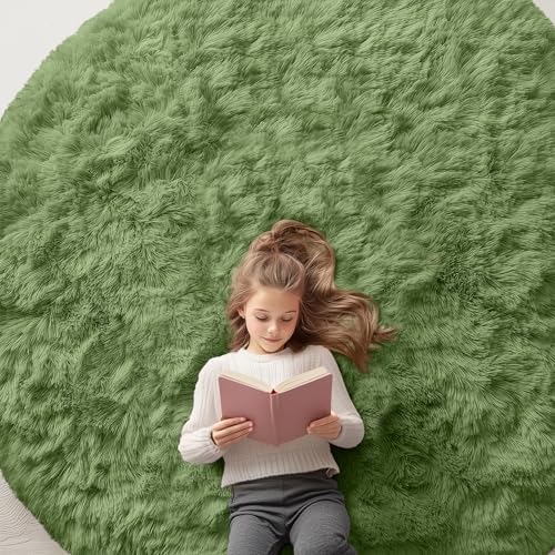 OLANLY Green Round Rugs for Bedroom - Machine Washable, 7 ft Circle Area Rugs for Living Room, Soft and Fluffy Shaggy Carpet for Teen Girl and Boys, Nursery Rooms, Dorms, Home Decor Aesthetic