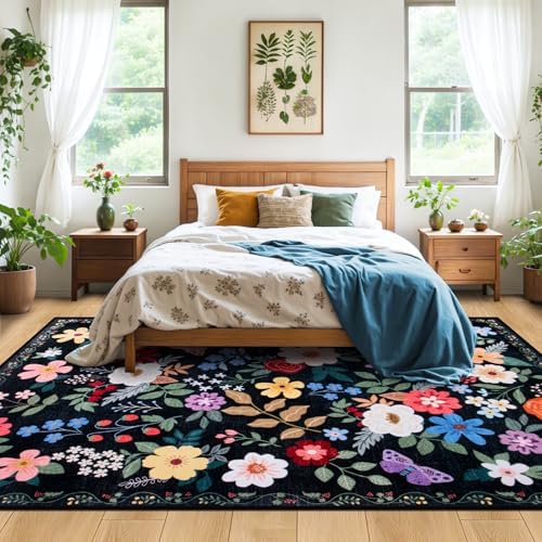 PLHXFR Area Rug 10x14 Living Room: Floral Washable Boho Soft Carpet Black