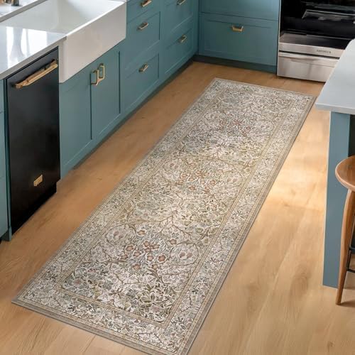Washable Moss Green 2x5 Neutral Runner Rug for Bathroom, Laundry, Kitchen