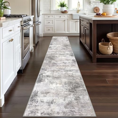 IOHOUZE Abstract Runner Rug 2x12 Ft Washable Runners for Hallways, Non Slip Kitchen Runner Printed Faux Wool Entryway Runner Indoor, Modern Abstract Floor Carpet for Hall Kitchen, Grey Beige