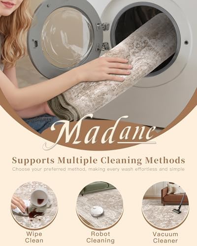 Madane Washable Round Rug 5ft for Living Room, Soft Neutral Rug Brown/Sand