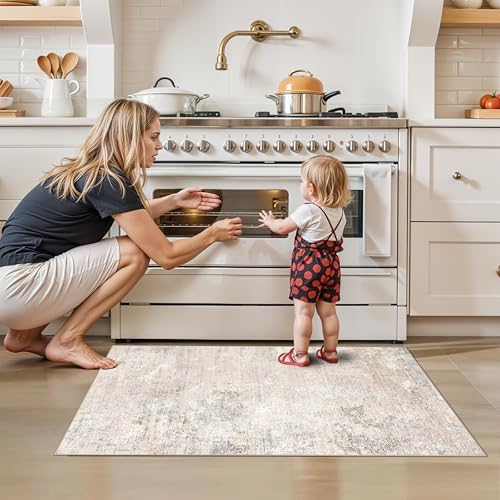 2x4 Washable Non-Slip Runner Rug – Small Throw Rug for Kitchen Floor, Bedroom, Entryway, Bathroom, Bedside – Modern Abstract Neutral Low-Pile Thin Indoor Door Mat (Beige Grey,2x4)
