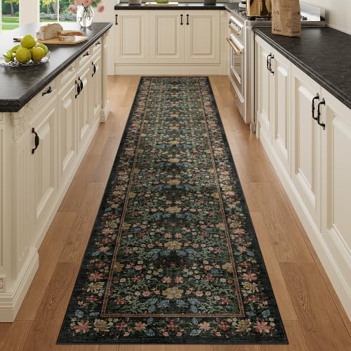 DUKINO 2x10 Runner Rug, Washable Vintage Floral Kitchen Rug, Black