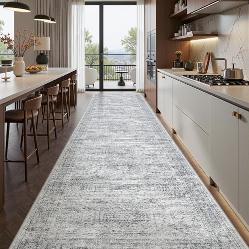 2'6 x 12' Runner Rug Non Slip,Washable Kitchen Rugs,Grey