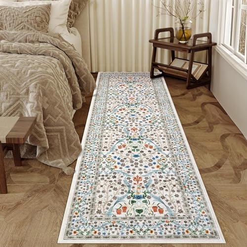 GarveeHome Floral Hallway Runner Rug, 2.5x8 Kitchen Runner Rugs, Washable Non Slip Entryway Rugs Indoor, Ultra-Thin Stain Resistant Carpet Floor Mat for Laundry Room, Beige