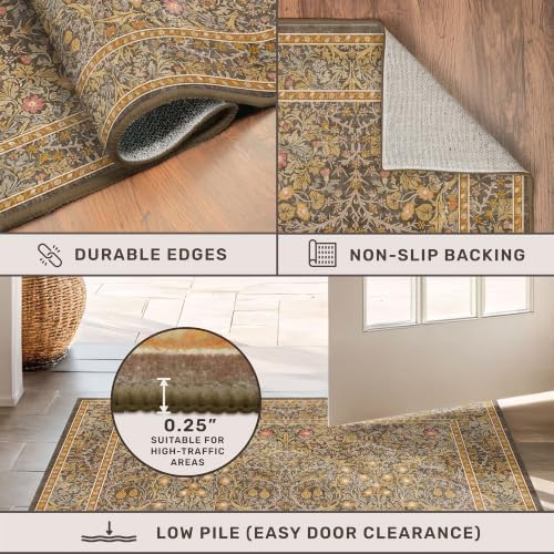 Washable Brown Oriental 5x8 Area Rug for Living Room, Dining Room, Low Pile Non-Slip Floor Carpet for Bedroom - Vintage Floral Design & Stain Resistance