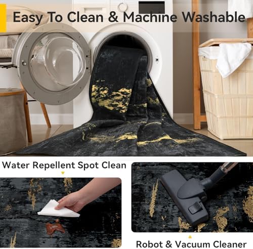 RELEANY Washable Runner 3'x7' Abstract Area Rug for Hallway Black Gold