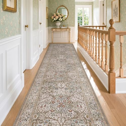 Boho Moss 3x16 Extra Long Runner Rug for Hallway, Washable Non Slip Kitchen Floor Rugs, Hall Way, Ultra Soft Stain Resistant Low Pile Vintage Floral Carpet