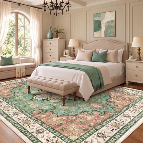8x10 Area Rugs for Living Room: Washable Large Vintage Floral Rug Low Pile Non-Slip Boho Carpet for Bedroom Dining Home Office (RedGreen, 8'x10')