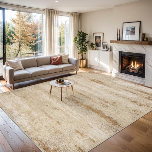 PLHXFR 10x12 Area Rug Living Room: Modern Abstract Washable Carpet Beige