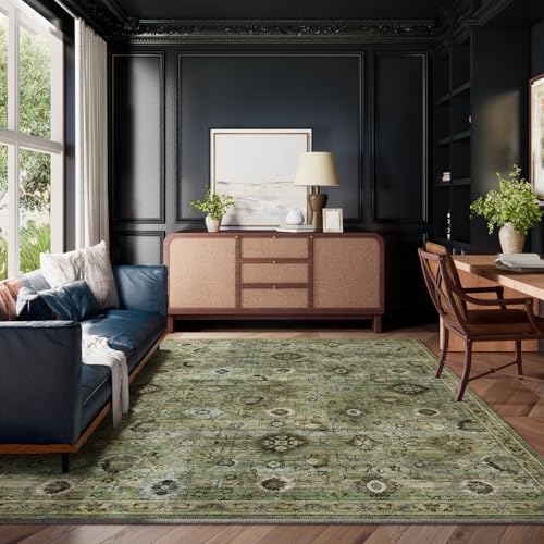 Washable Area Rugs for Living Room: 9x12 Rug Boho Vintage Rugs Stain Resistant Non Slip Low Pile Lightweight Soft Carpets for Bedroom Kitchen Dining Room Nursery Kids Room Farmhouse Home Office