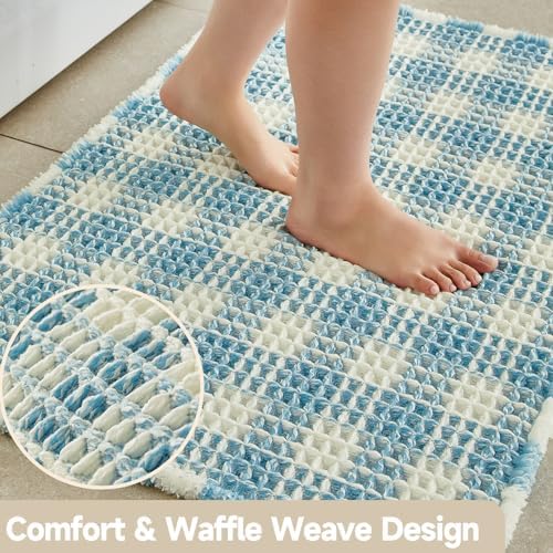 TYUU Waffle Bath Mat, Cute Bathroom Rugs Non Slip, 30x20 Blue & White