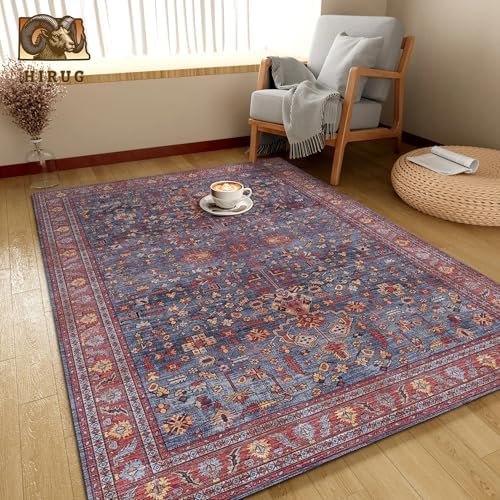 Washable Area Rug 6' x 9' Vintage Traditional Persian Mat - Foldable Distressed Non-Slip Machine Washable Carpet for Living Room Bedroom Kitchen Home Decor - Indigo and Crimson