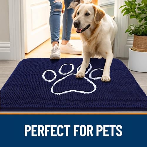 OLANLY Dog Door Mat for Muddy Paws 47x24, Paw Print Design Chenille Mud Mat