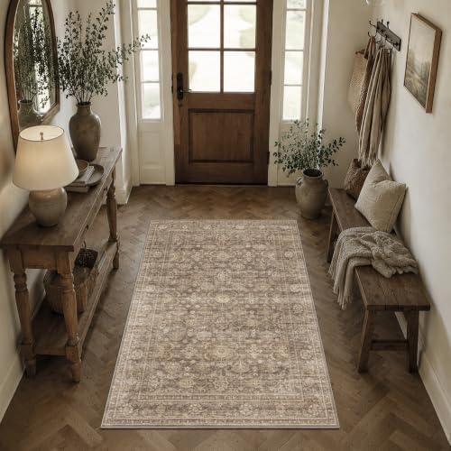 JOOJA 3x5 Neutral Tan Vintage Washable Area Rug Non Slip Moody Entryway Rug