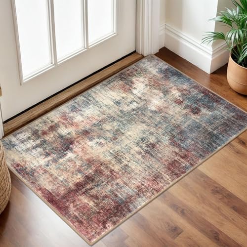 IOHOUZE Small Abstract Area Rug 2x3 Ft Entryway Rugs Washable Door Mat Indoor Entrance, Rubber Backed Throw Rugs, Printed Faux Wool Non Slip Floor Carpet for Foyer Front Door Sink, Red/Multi
