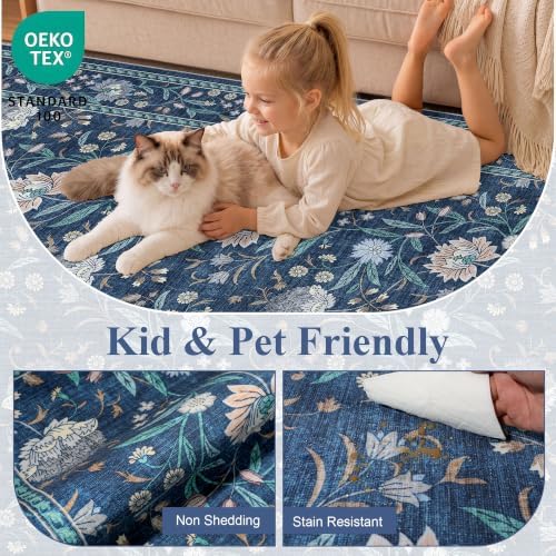 DUKINO 8x10 Area Rug Vintage Floral Washable Rug for Living Room, Dark Blue