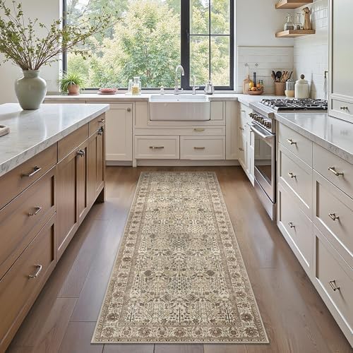 Bavni 2x6 Kitchen Runner Rug, Washable Non Slip, Cream Brown