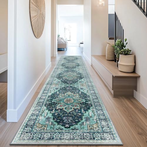 BESTSWEETIE Washable Boho 2x10 Area Rug for Living Room, Teal Dark Green