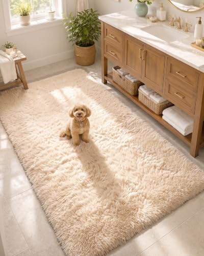 OLANLY 3x6 Machine Washable Runner Rugs for Hallway, Soft Fluffy Shaggy Bedside Rugs for Bedroom, Living Room, Indoor Floor Carpet for Kids Girls and Boys, Nursery Rooms, Home Decor Aesthetic, Beige