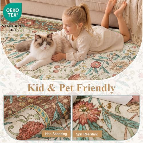 DUKINO 3x5 Rug, Washable Vintage Floral Bedroom Area Rug Non Slip, Brown