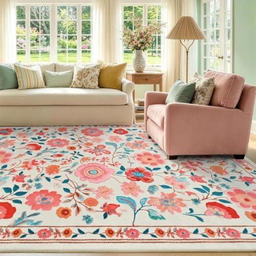 9x12 Ft Washable Area Rug for Living Room Beige Vintage Floral Carpet