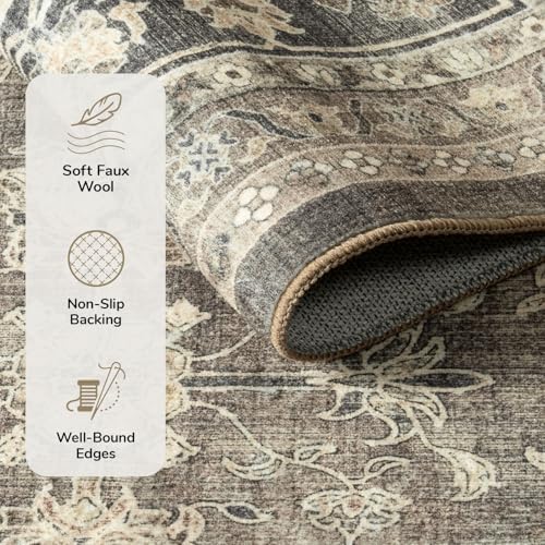 Lessymo Runner Rugs 2x6 ft, Vintage Brown Machine Washable Rug for Hallway Kitchen Bedroom, Non Slip Low Pile Soft Long Area Rug, Distressed Boho Floral Accent Carpet